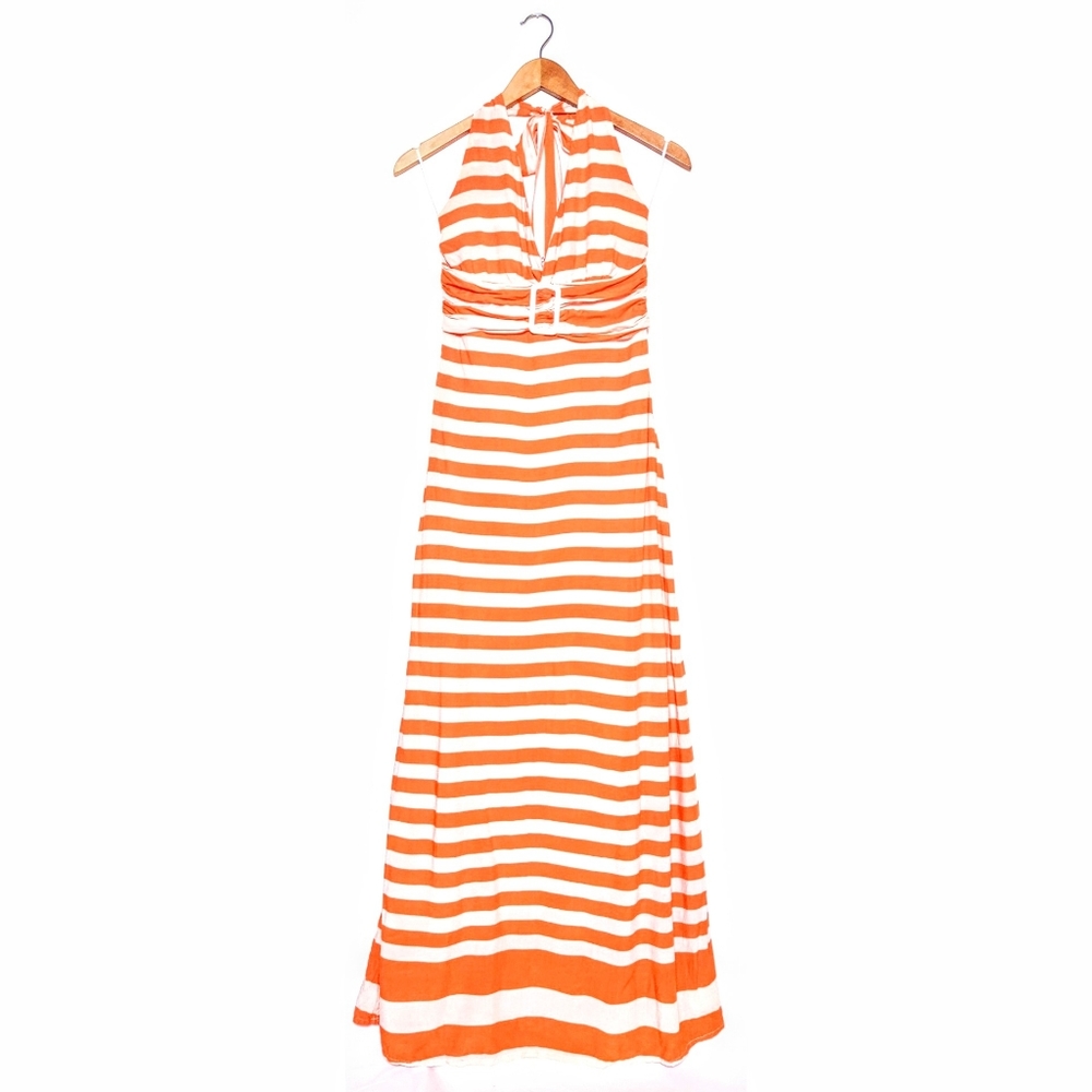 hypnosis orange & white striped halter maxi dress